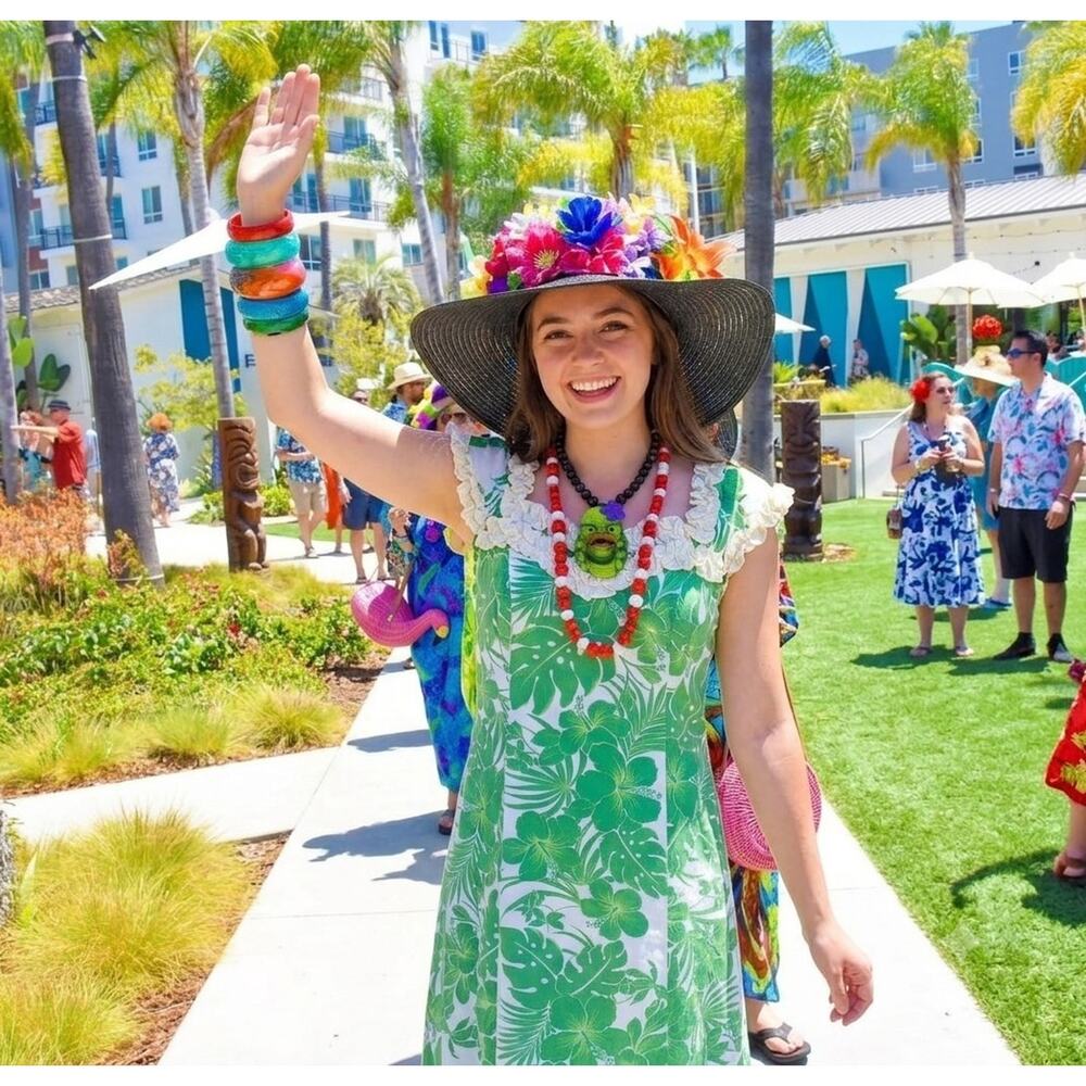Royal Creations Green Nahenahe Ruffle Muumuu Maxi Monstera Dress Luau Resort XL - Picture 7 of 9